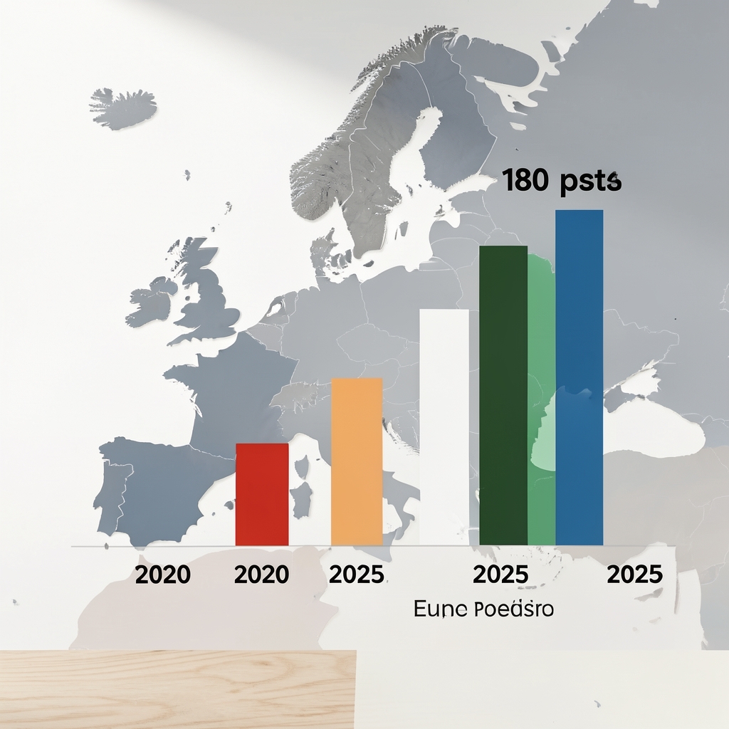 Grafički prikaz rasta publike financijskih podcasta u Europi od 2020. do 2025. s rastom od 180 posto, moderan infografik stil