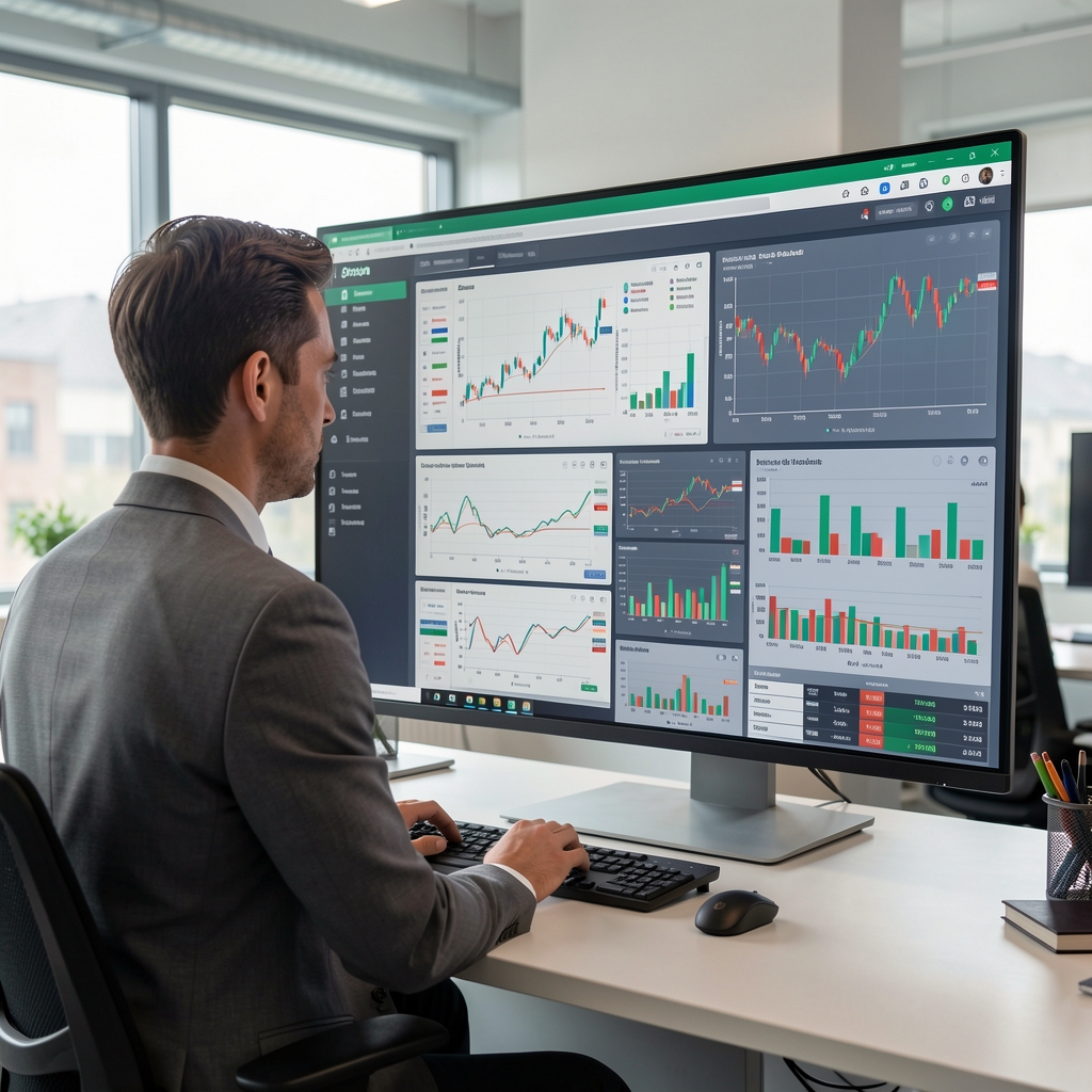 Analitičar pregledava višestruke financijske grafikone i dijagrame na velikom monitoru u uredu, kompleksna dashboard sučelja s trendovima