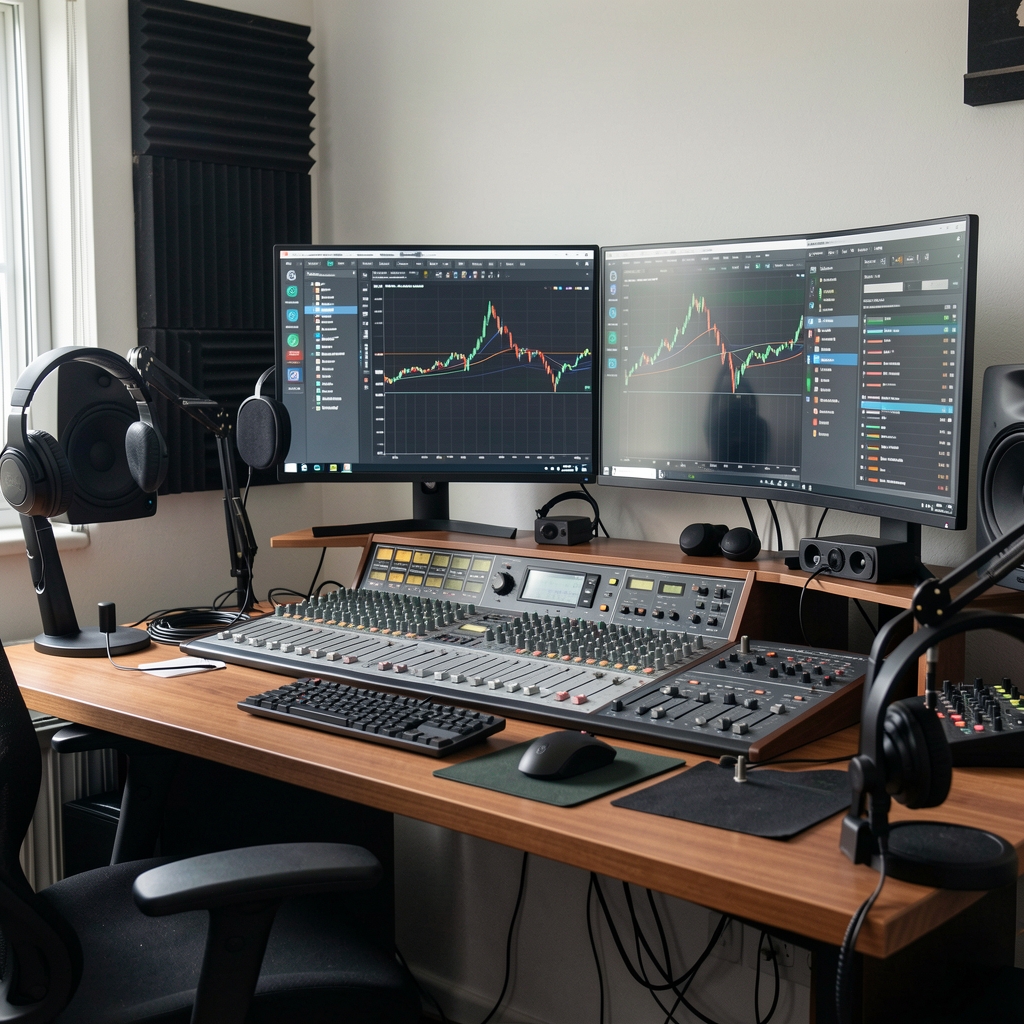 Istraživačka soba sa zaslonima pun analitičkih alata za obradu zvuka, transkripciju i analizu sentimenta financijskih podcasta