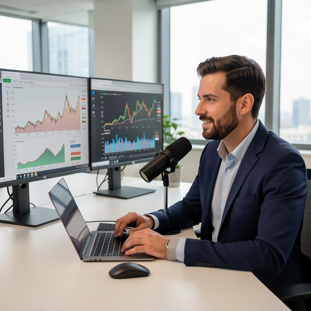 Profesionalni analitičar sluša financijski podcast u modernom uredu s grafovima prihoda i tržišnih indeksa na ekranima u pozadini