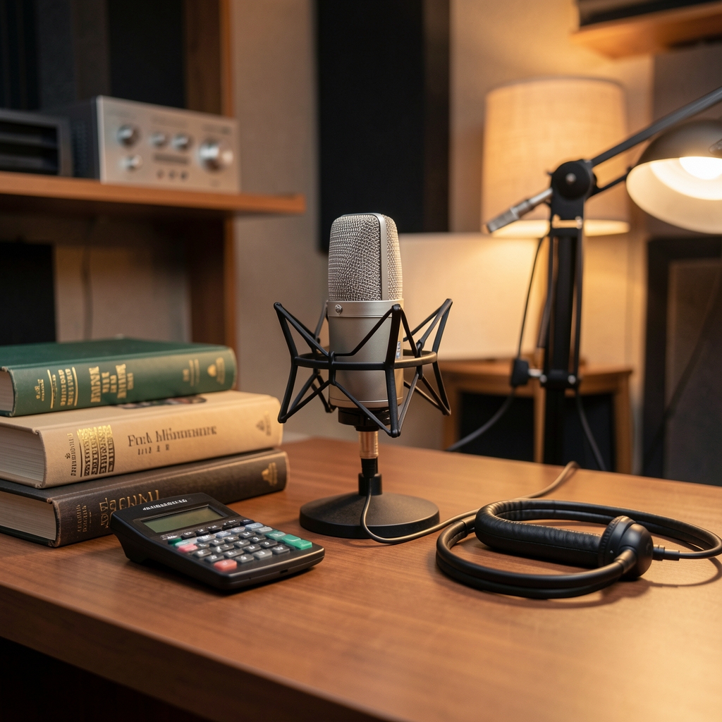 Podcast studio s mikrofonom, slušalicama i financijskim knjigama u pozadini, topla rasvjeta studijskog ambijenta