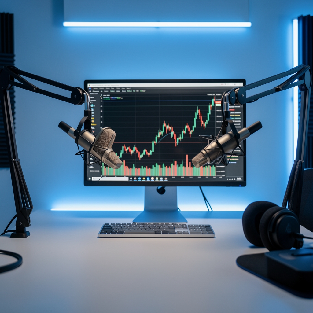 Moderni podcast studio sa dvostrukim mikrofonom i računalom s grafikonima financijskog tržišta, neonsko plavo osvjetljenje