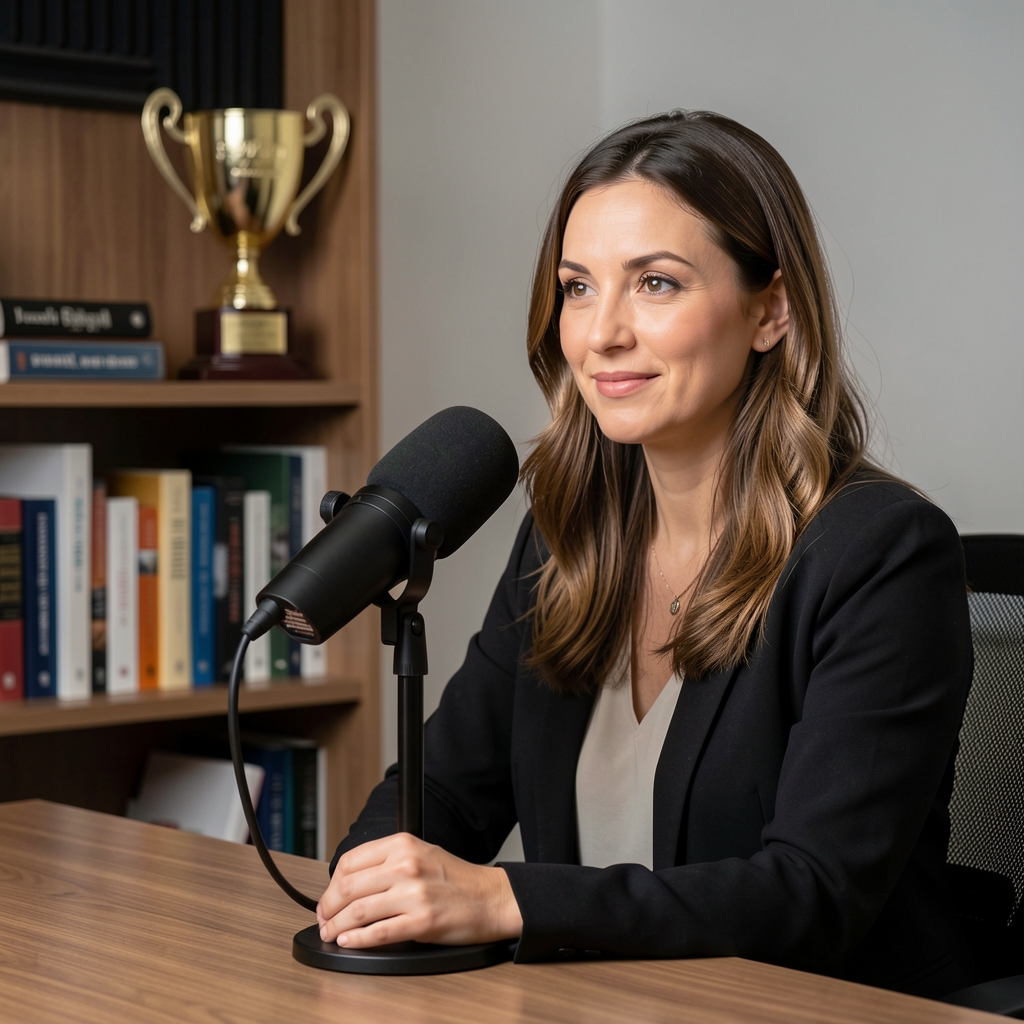 Ženska voditeljica podcasta s mikrofonom u profesionalnom studiju, finansijska literatura i trofej u pozadini