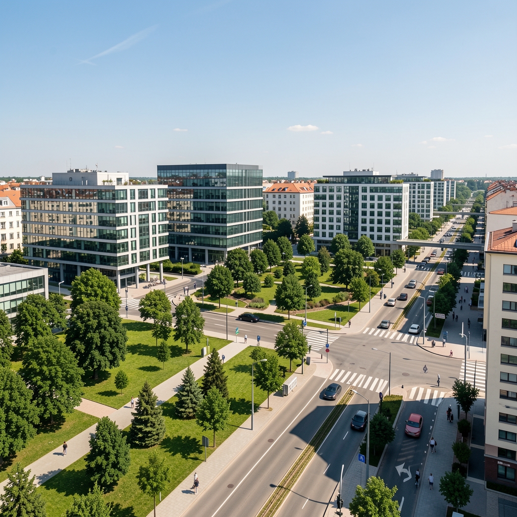 Pogled na modernu poslovnu četvrt Trnje u Zagrebu s uredskim zgradama, parkovima i prometnicama u ljetnom sunčanom danu